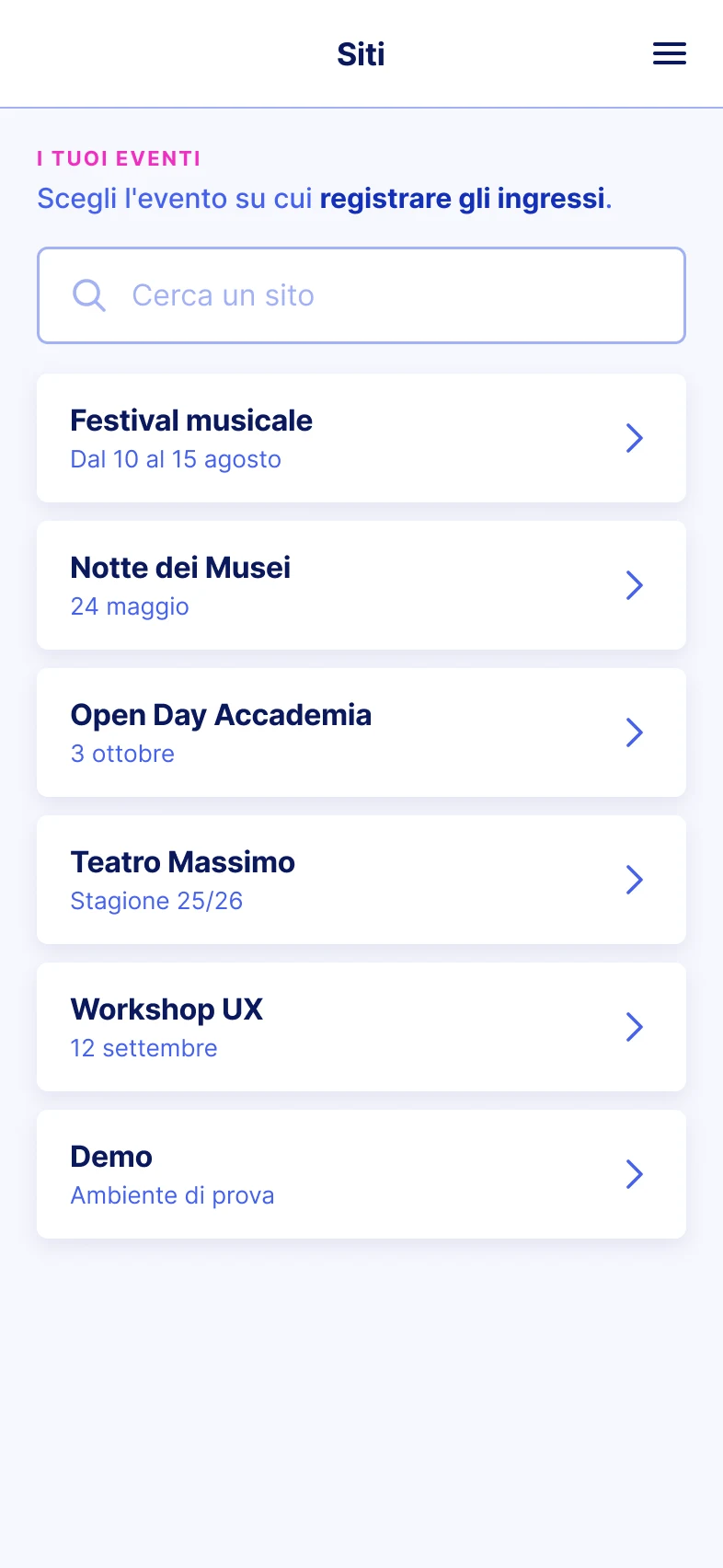 Estratto dell’interfaccia Metooo Check-in con l’elenco degli eventi