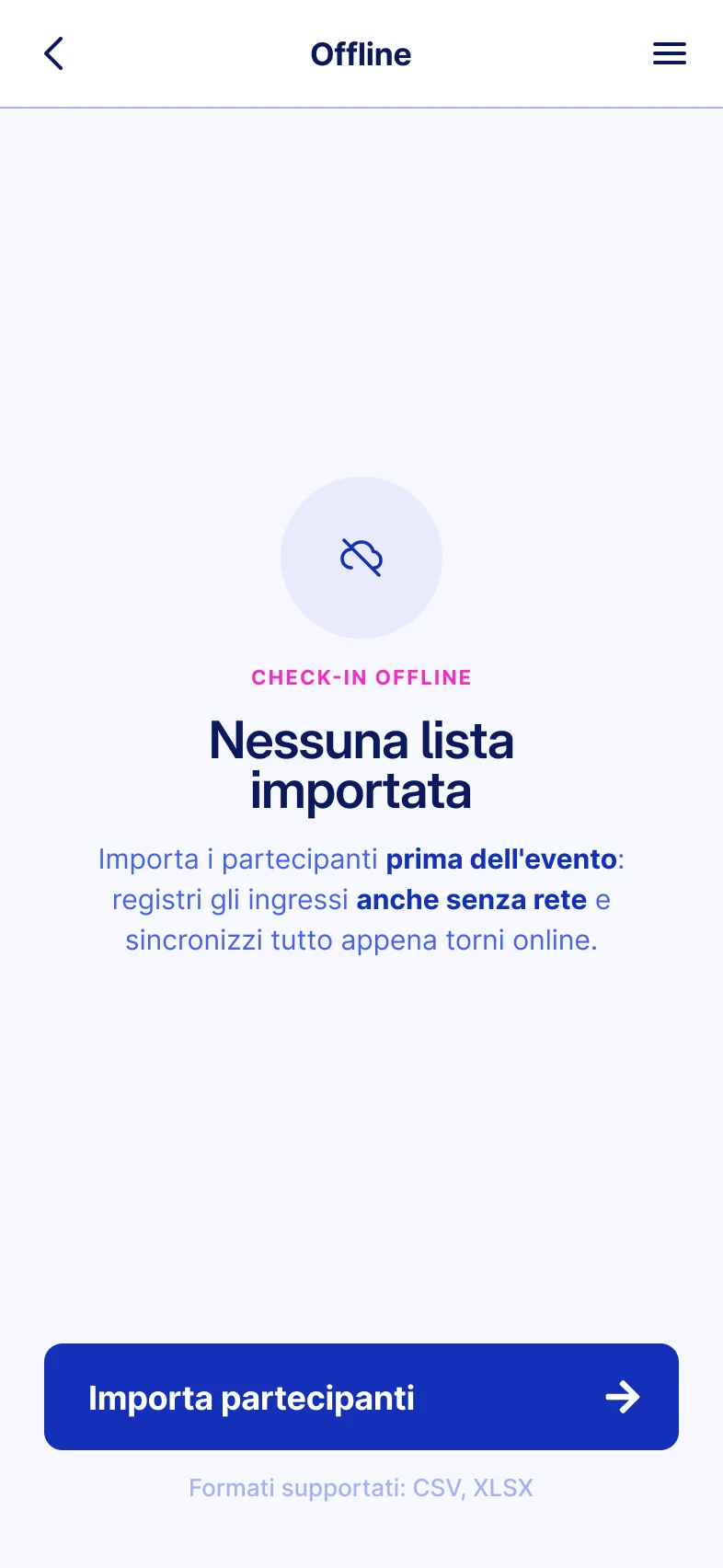 Schermata di importazione partecipanti per il check-in offline