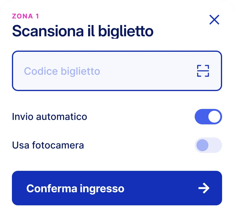Estratto dell’interfaccia Metooo Check-in per la scansione del biglietto in Zona 1