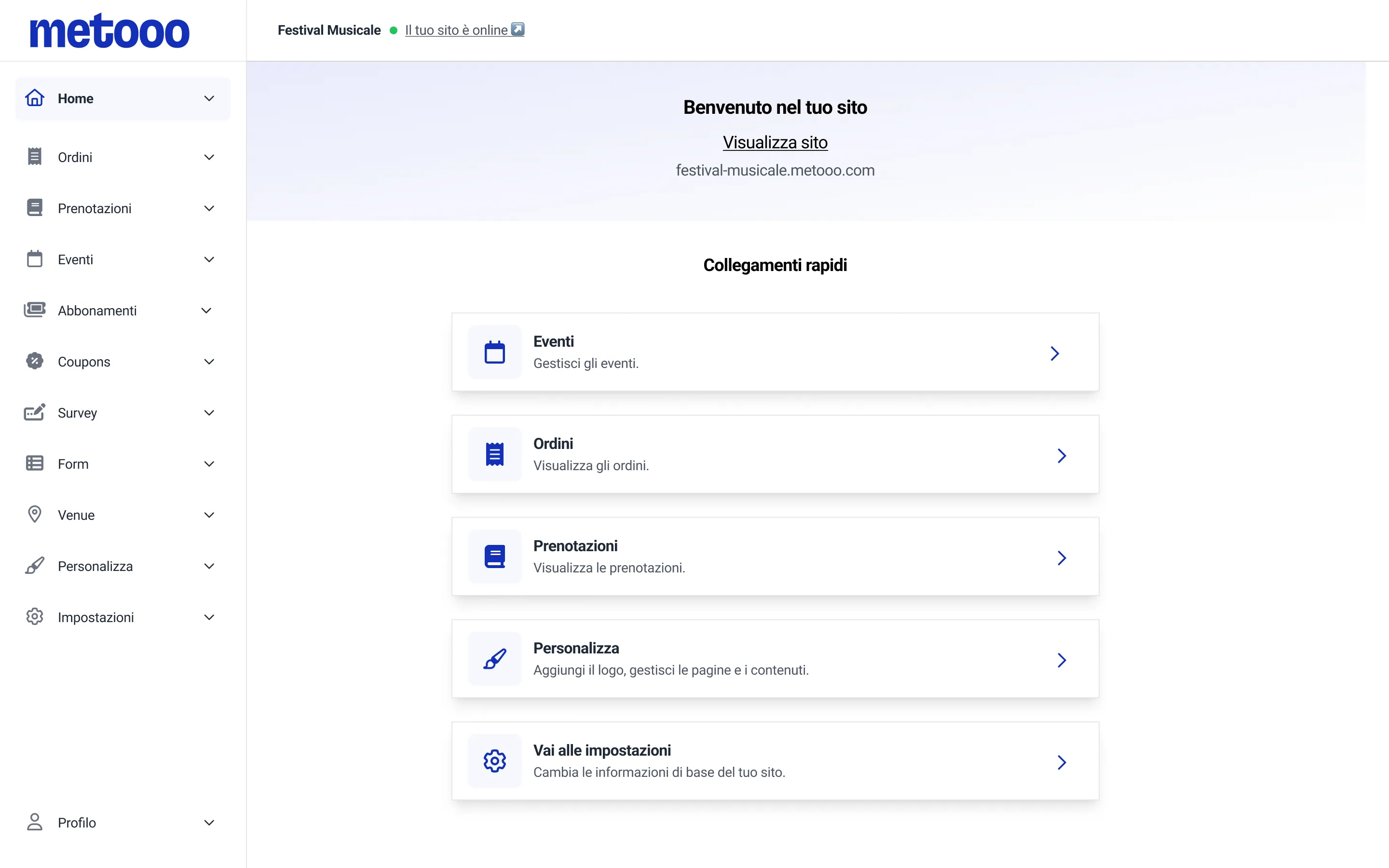 Dashboard di Metooo: collegamenti rapidi a eventi, ordini, prenotazioni, personalizzazione e impostazioni