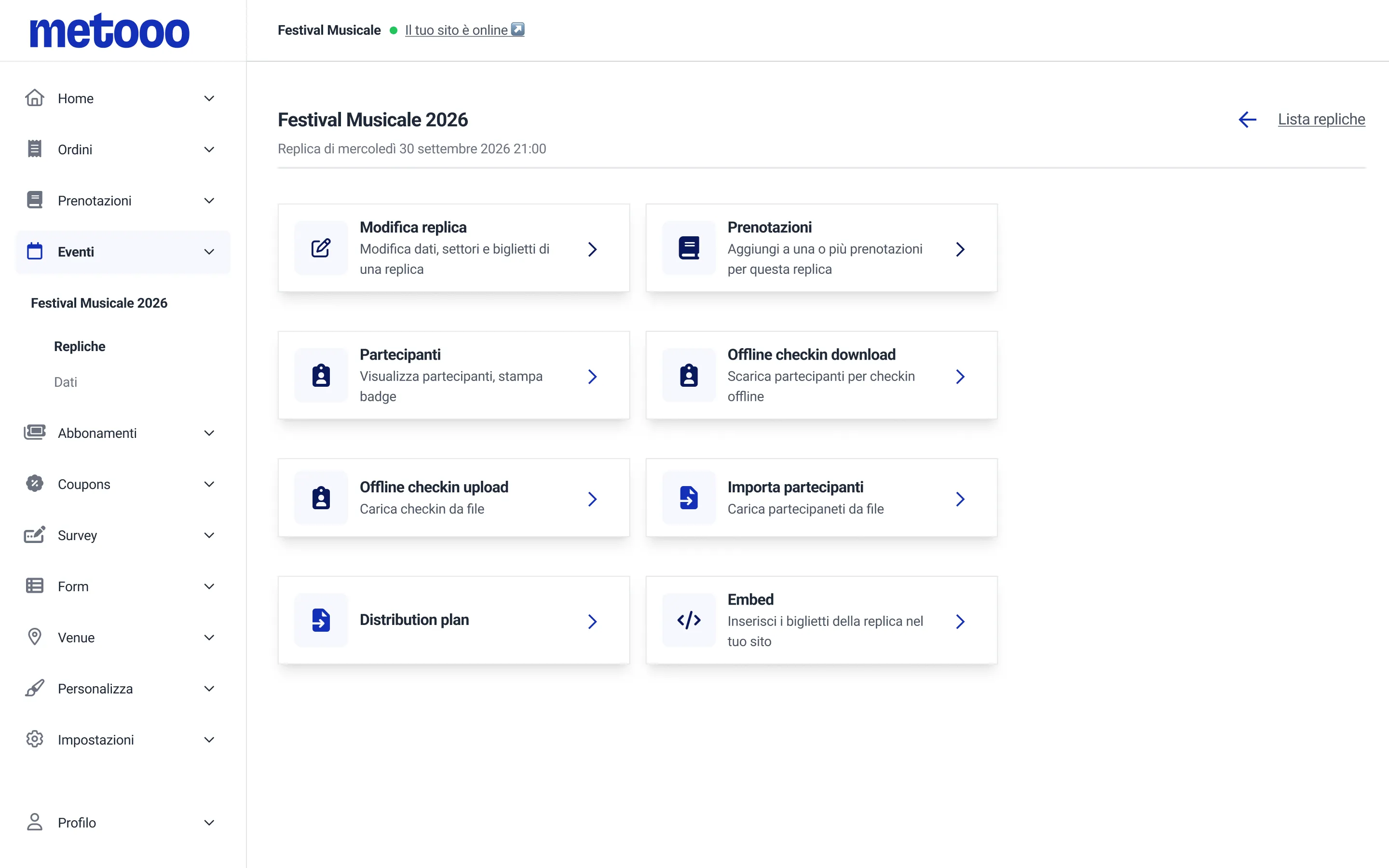 Strumenti di una replica su Metooo: prenotazioni, partecipanti, importazione, distribution plan ed embed dei biglietti