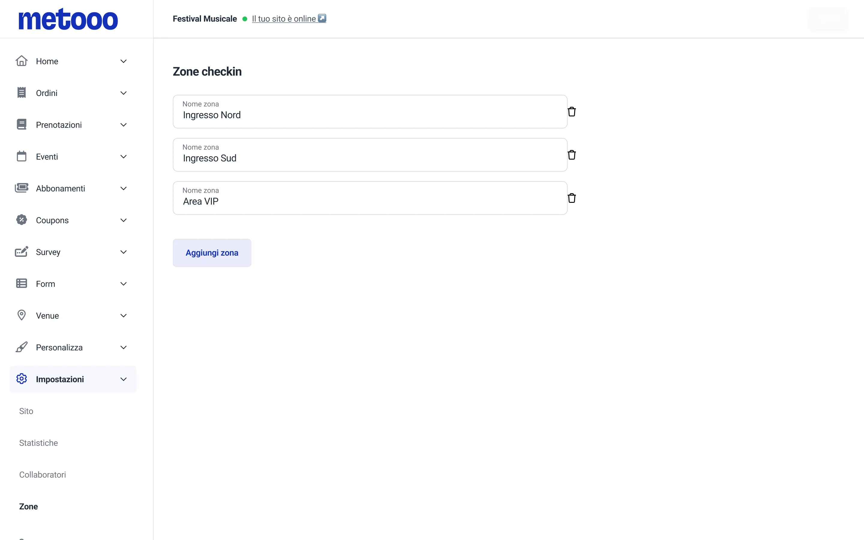 Configurazione delle zone di check-in su Metooo