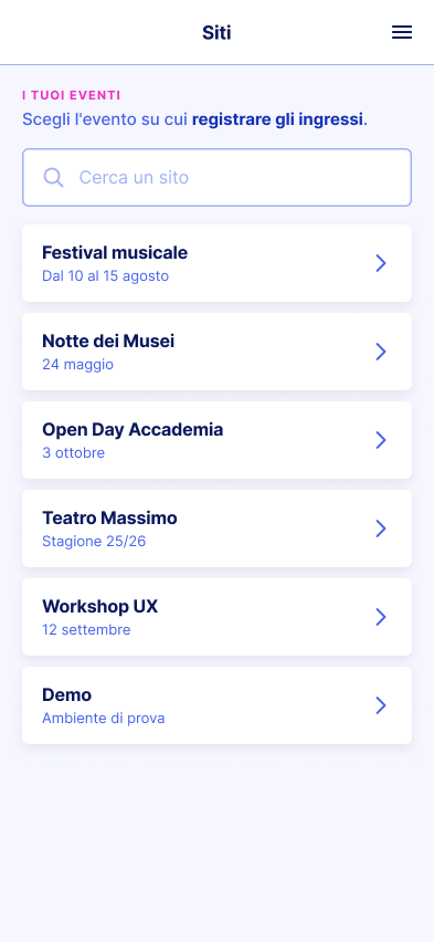 Elenco degli eventi nell'app Metooo Check-in