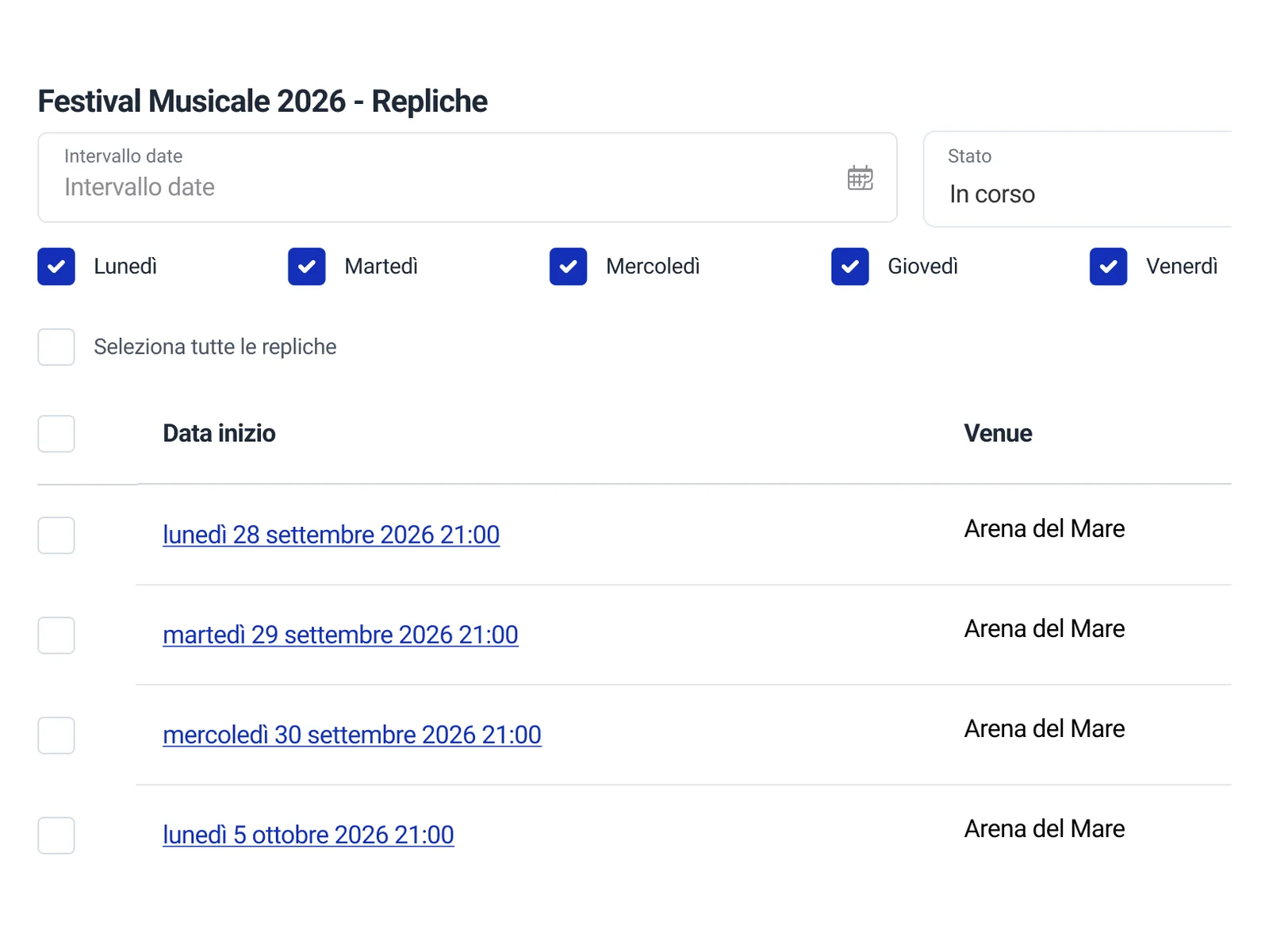 Lista repliche di un evento su Metooo, filtrabili per giorno della settimana